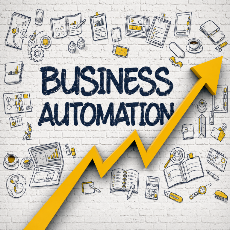 Business automation solutions illustration showing workflow automation, AI-powered business processes, productivity improvements, operational efficiency, digital transformation, and business growth.
